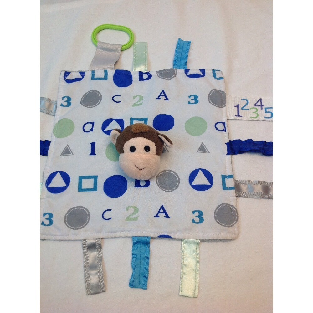 Baby Jack Lovey Security Blanket Monkey Tags 10" blue white boy number